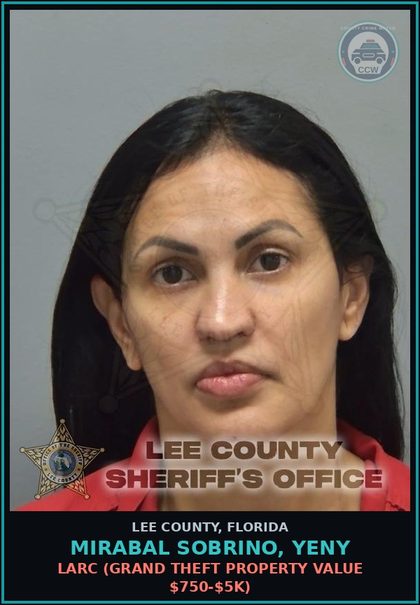 CCW arrest card for MIRABAL SOBRINO, YENY in Lee County: LARC  (GRAND THEFT PROPERTY VALUE $750-$5K)