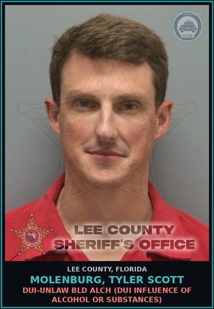 CCW arrest card for MOLENBURG, TYLER SCOTT in Lee County: DUI-UNLAW BLD ALCH  (DUI INFLUENCE OF ALCOHOL OR DRUGS)