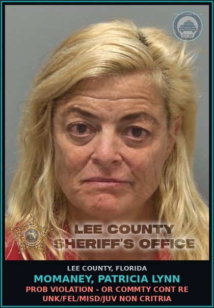 CCW arrest card for MOMANEY, PATRICIA LYNN in Lee County: PROB VIOLATION - OR COMMTY CONT RE UNK/FEL/MISD/JUV NON CRITRIA