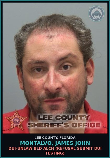 CCW arrest card for MONTALVO, JAMES JOHN in Lee County: MOVING TRAFFIC VIOL  (DWLSR REVOCATION EQUIV STATUS 2ND SUBS OFF)