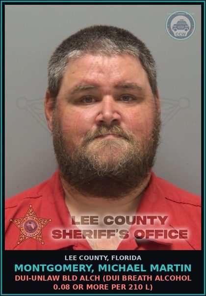 CCW arrest card for MONTGOMERY, MICHAEL MARTIN in Lee County: DUI-UNLAW BLD ALCH  (DUI BREATH ALCOHOL 0.08 OR MORE PER 210 L)