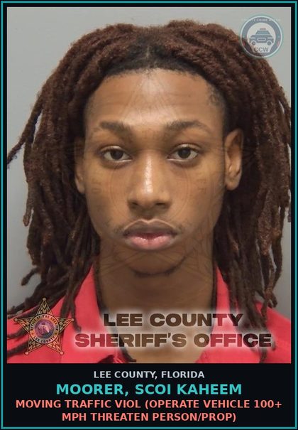 CCW arrest card for MOORER, SCOI KAHEEM in Lee County: MOVING TRAFFIC VIOL  (OPERATE VEHICLE 100+ MPH THREATEN PERSON/PROP)