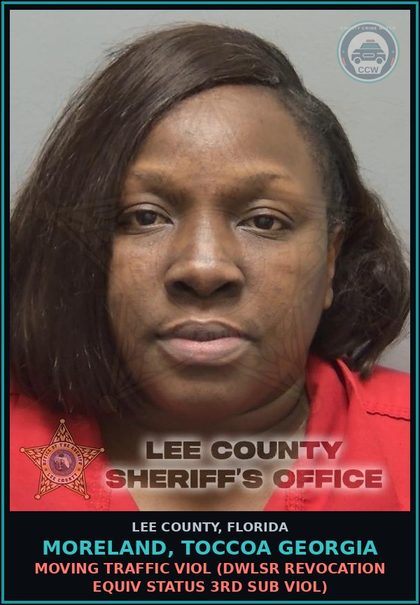 CCW arrest card for MORELAND, TOCCOA GEORGIA in Lee County: MOVING TRAFFIC VIOL  (DWLSR REVOCATION EQUIV STATUS 3RD SUB VIOL)