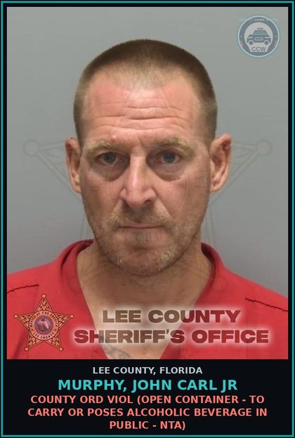 CCW arrest card for MURPHY, JOHN CARL JR in Lee County: COUNTY ORD VIOL  (OPEN CONTAINER - TO CARRY OR POSES ALCOHOLIC BEVERAGE IN PUBLIC - NTA)