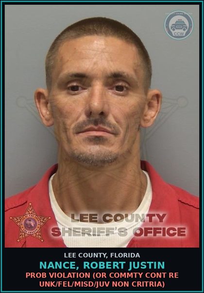 CCW arrest card for NANCE, ROBERT JUSTIN in Lee County: PROB VIOLATION  (OR COMMTY CONT RE UNK/FEL/MISD/JUV NON CRITRIA)