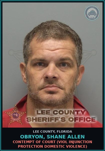 CCW arrest card for OBRYON, SHANE ALLEN in Lee County: CONTEMPT OF COURT  (VIOL INJUNCTION PROTECTION DOMESTIC VIOLENCE)
