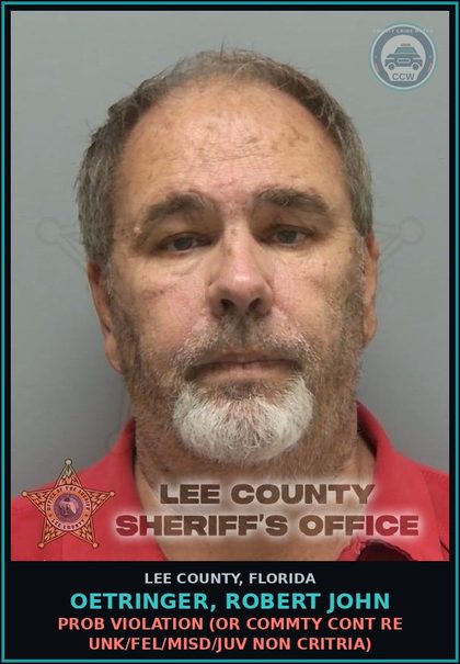 CCW arrest card for OETRINGER, ROBERT JOHN in Lee County: PROB VIOLATION  (OR COMMTY CONT RE UNK/FEL/MISD/JUV NON CRITRIA)
