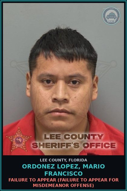 CCW arrest card for ORDONEZ LOPEZ, MARIO FRANCISCO in Lee County: FAILURE TO APPEAR  (FAILURE TO APPEAR FOR MISDEMEANOR OFFENSE)