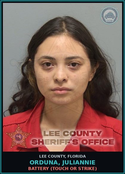 CCW arrest card for ORDUNA, JULIANNIE in Lee County: BATTERY  (TOUCH OR STRIKE)