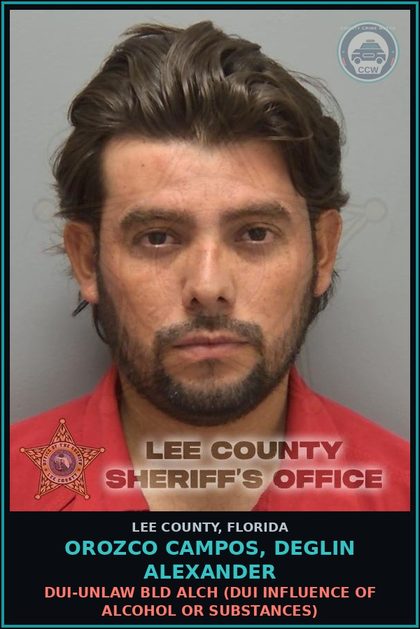 CCW arrest card for OROZCO CAMPOS, DEGLIN ALEXANDER in Lee County: DUI-UNLAW BLD ALCH  (DUI INFLUENCE OF ALCOHOL OR DRUGS)