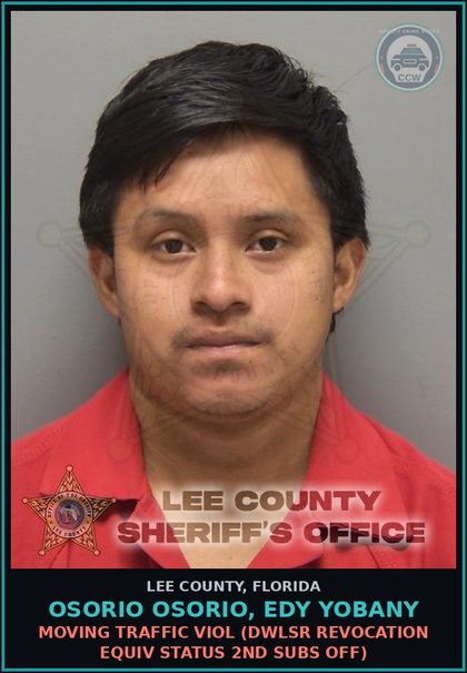 CCW arrest card for OSORIO OSORIO, EDY YOBANY in Lee County: MOVING TRAFFIC VIOL  (DWLSR REVOCATION EQUIV STATUS 2ND SUBS OFF)