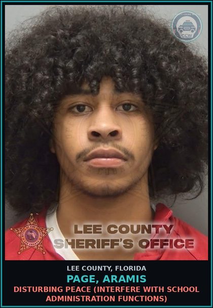 CCW arrest card for PAGE, ARAMIS in Lee County: DISTURBING PEACE  (INTERFERE WITH SCHOOL ADMINISTRATION FUNCTIONS)