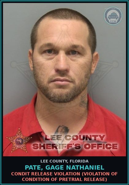CCW arrest card for PATE, GAGE NATHANIEL in Lee County: CONDIT RELEASE VIOLATION  (VIOLATION OF CONDITION OF PRETRIAL RELEASE)