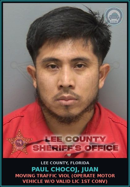 CCW arrest card for PAUL CHOCOJ, JUAN in Lee County: MOVING TRAFFIC VIOL  (OPERATE MOTOR VEHICLE W/O VALID LIC 1ST CONV)