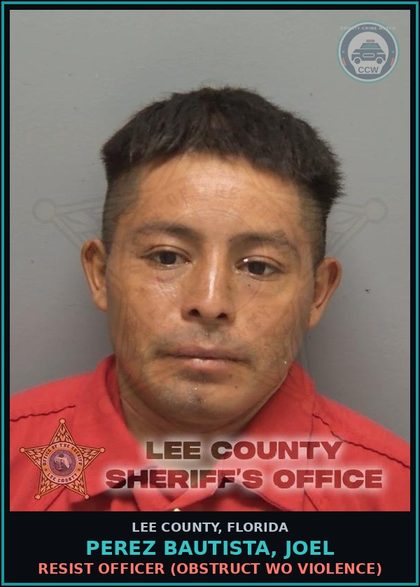 CCW arrest card for PEREZ BAUTISTA, JOEL in Lee County: RESIST OFFICER  (OBSTRUCT WO VIOLENCE)
