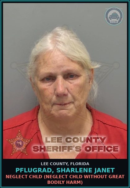 CCW arrest card for PFLUGRAD, SHARLENE JANET in Lee County: NEGLECT chld  (NEGLECT chld WITHOUT GREAT BODILY HARM)