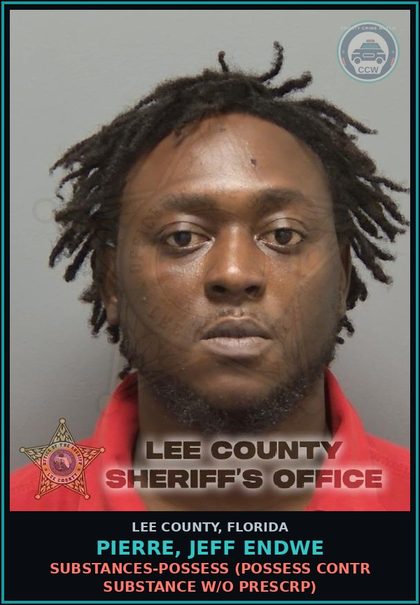 CCW arrest card for PIERRE, JEFF ENDWE in Lee County: DRUGS-POSSESS  (POSSESS contr substance W/O PRESCRIPTION)