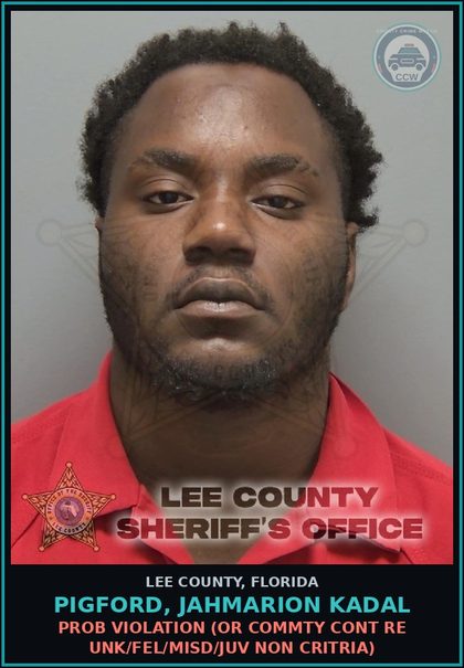 CCW arrest card for PIGFORD, JAHMARION KADAL in Lee County: PROB VIOLATION  (OR COMMTY CONT RE UNK/FEL/MISD/JUV NON CRITRIA)