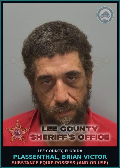 CCW arrest card for PLASSENTHAL, BRIAN VICTOR in Lee County: DRUG EQUIP-POSSESS  (AND OR USE)