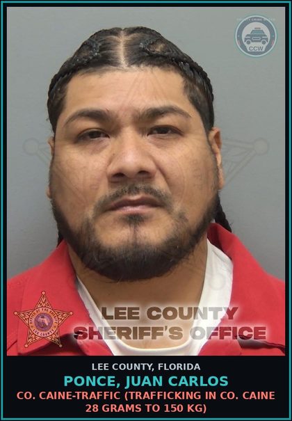 CCW arrest card for PONCE, JUAN CARLOS in Lee County: COCAINE-TRAFFIC  (TRAFFICKING IN COCAINE 28 GRAMS TO 150 KG)
