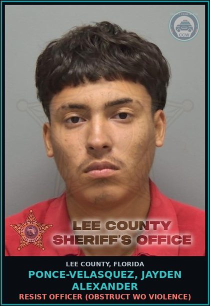 CCW arrest card for PONCE-VELASQUEZ, JAYDEN ALEXANDER in Lee County: MOVING TRAFFIC VIOL  (DRIV WHILE LIC SUSPEND REVOCATION EQUIV STATUS)