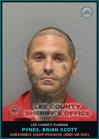 CCW arrest card for PYNES, BRIAN SCOTT in Lee County: DRUG EQUIP-POSSESS  (AND OR USE)