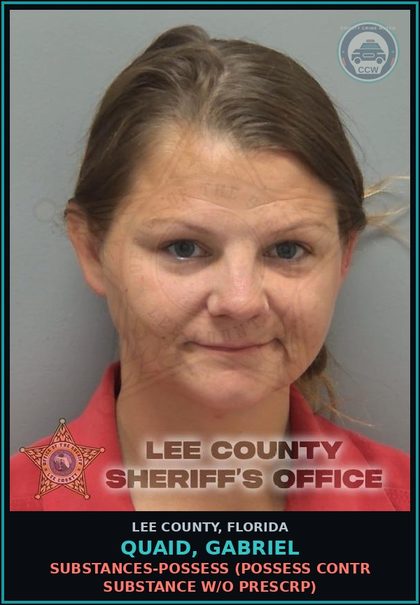 CCW arrest card for QUAID, GABRIEL in Lee County: DRUGS-POSSESS  (POSSESS contr substance W/O PRESCRIPTION)