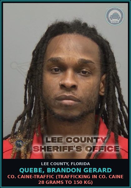 CCW arrest card for QUEBE, BRANDON GERARD in Lee County: COCAINE-TRAFFIC  (TRAFFICKING IN COCAINE 28 GRAMS TO 150 KG)