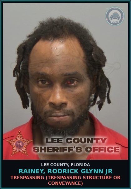 CCW arrest card for RAINEY, RODRICK GLYNN JR in Lee County: TRESPASSING  (TRESPASSING STRUCTURE OR CONVEYANCE)