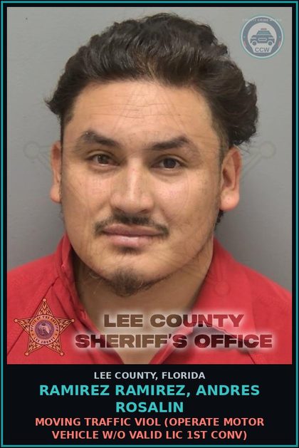 CCW arrest card for RAMIREZ RAMIREZ, ANDRES ROSALIN in Lee County: MOVING TRAFFIC VIOL  (OPERATE MOTOR VEHICLE W/O VALID LIC 1ST CONV)