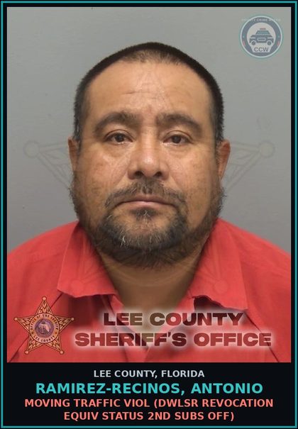 CCW arrest card for RAMIREZ-RECINOS, ANTONIO in Lee County: MOVING TRAFFIC VIOL  (DWLSR REVOCATION EQUIV STATUS 2ND SUBS OFF)