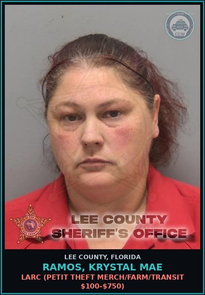 CCW arrest card for RAMOS, KRYSTAL MAE in Lee County: LARC  (PETIT THEFT MERCH/FARM/TRANSIT $100-$750)