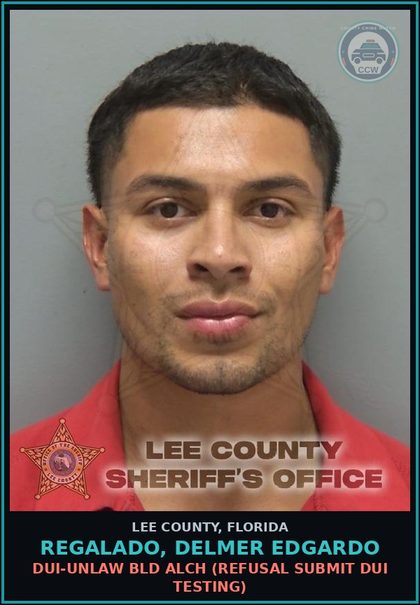 CCW arrest card for REGALADO, DELMER EDGARDO in Lee County: DUI-UNLAW BLD ALCH  (REFUSAL SUBMIT DUI TESTING)