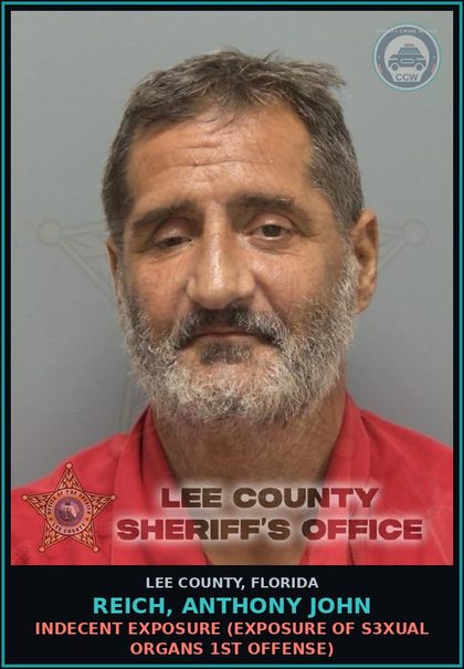 CCW arrest card for REICH, ANTHONY JOHN in Lee County: INDECENT EXPOSURE  (EXPOSURE OF s3xual ORGANS 1ST OFFENSE)