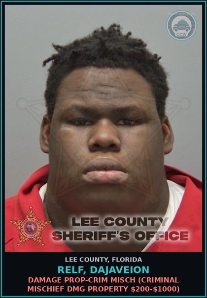 CCW arrest card for RELF, DAJAVEION in Lee County: DAMAGE PROP-CRIM MISCH  (CRIMINAL MISCHIEF DMG PROPERTY $200-$1000)