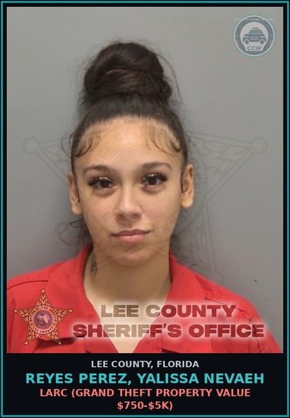 CCW arrest card for REYES PEREZ, YALISSA NEVAEH in Lee County: LARC  (GRAND THEFT PROPERTY VALUE $750-$5K)