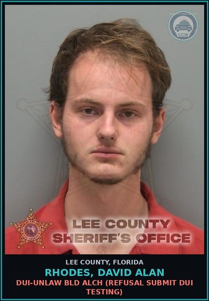 CCW arrest card for RHODES, DAVID ALAN in Lee County: DUI-UNLAW BLD ALCH  (REFUSAL SUBMIT DUI TESTING)