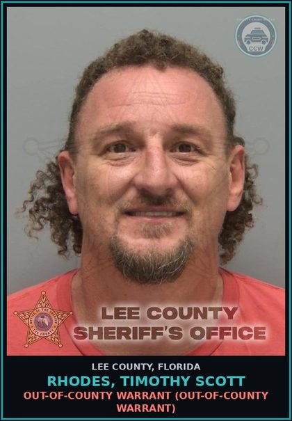 CCW arrest card for RHODES, TIMOTHY SCOTT in Lee County: OUT-OF-COUNTY WARRANT  (OUT-OF-COUNTY WARRANT)