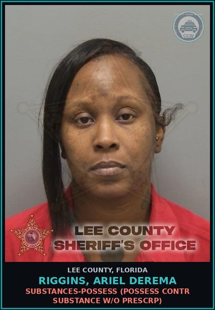 CCW arrest card for RIGGINS, ARIEL DEREMA in Lee County: DRUGS-POSSESS  (POSSESS contr substance W/O PRESCRIPTION)