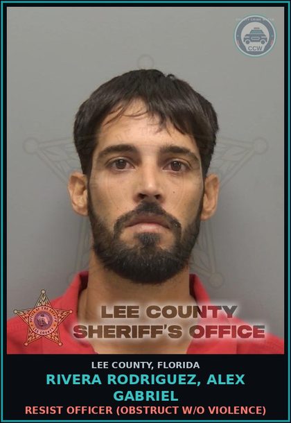 CCW arrest card for RIVERA RODRIGUEZ, ALEX GABRIEL in Lee County: NONMOVING TRAFFIC VIOL  (FAIL TO REGISTER MOTOR VEH)