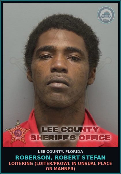 CCW arrest card for ROBERSON, ROBERT STEFAN in Lee County: LOITERING  (LOITER/PROWL IN UNSUAL PLACE OR MANNER)