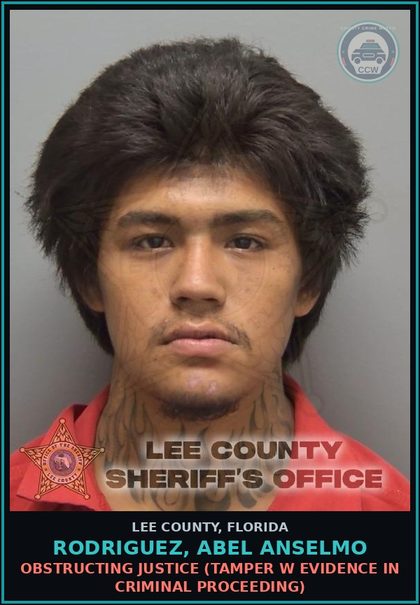 CCW arrest card for RODRIGUEZ, ABEL ANSELMO in Lee County: OBSTRUCTING JUSTICE  (TAMPER W EVIDENCE IN CRIMINAL PROCEEDING)