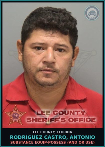 CCW arrest card for RODRIGUEZ CASTRO, ANTONIO in Lee County: DRUG EQUIP-POSSESS  (AND OR USE)