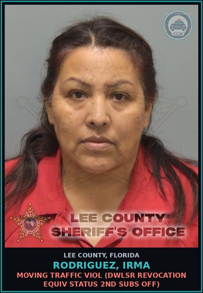 CCW arrest card for RODRIGUEZ, IRMA in Lee County: MOVING TRAFFIC VIOL  (DWLSR REVOCATION EQUIV STATUS 2ND SUBS OFF)