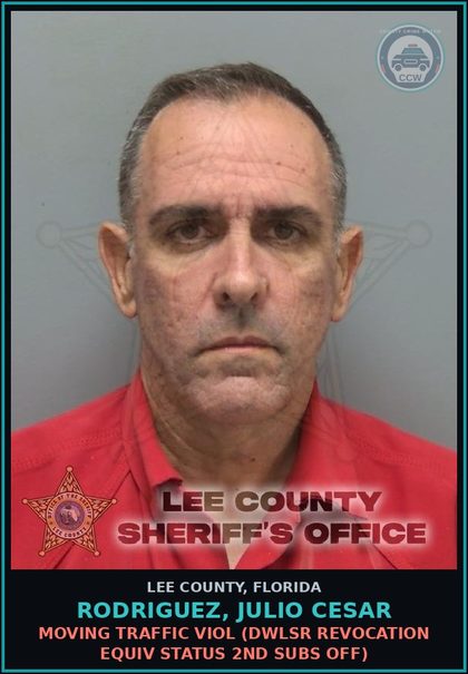 CCW arrest card for RODRIGUEZ, JULIO CESAR in Lee County: MOVING TRAFFIC VIOL  (DWLSR REVOCATION EQUIV STATUS 2ND SUBS OFF)