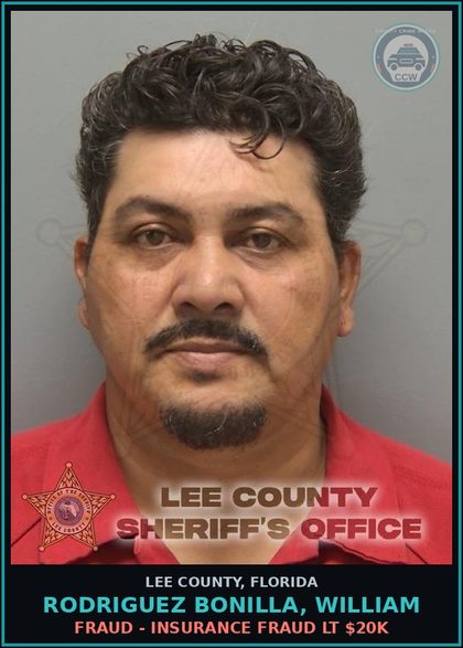 CCW arrest card for RODRIGUEZ BONILLA, WILLIAM in Lee County: FRAUD - INSURANCE FRAUD LT $20K