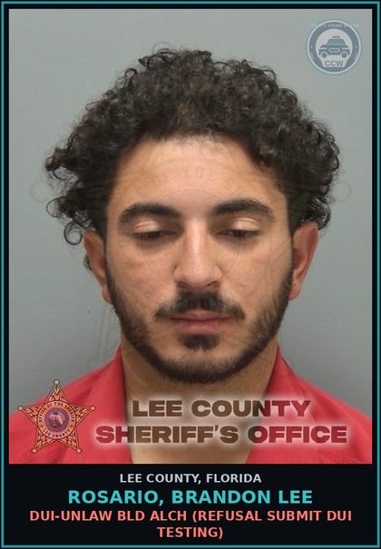 CCW arrest card for ROSARIO, BRANDON LEE in Lee County: DUI-UNLAW BLD ALCH  (REFUSAL SUBMIT DUI TESTING)