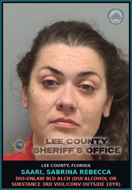 CCW arrest card for SAARI, SABRINA REBECCA in Lee County: DUI-UNLAW BLD ALCH  (DUI ALCOHOL OR DRUG 3RD VIOL/CONV OUTSIDE 10YR)