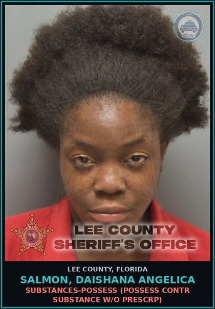 CCW arrest card for SALMON, DAISHANA ANGELICA in Lee County: DRUGS-POSSESS  (POSSESS contr substance W/O PRESCRIPTION)