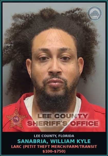 CCW arrest card for SANABRIA, WILLIAM KYLE in Lee County: LARC  (PETIT THEFT MERCH/FARM/TRANSIT $100-$750)